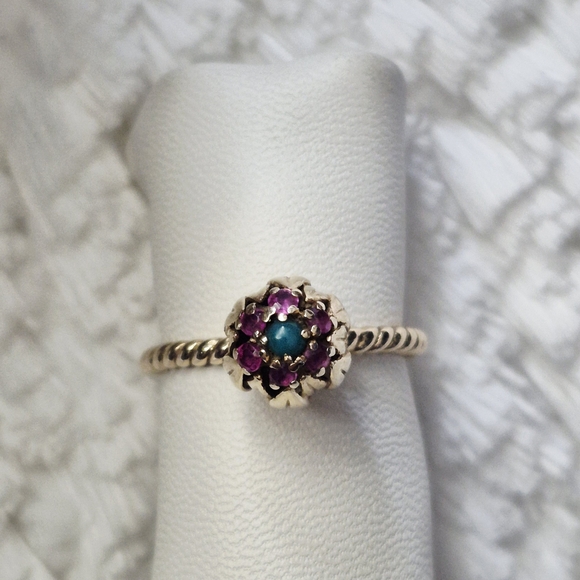 Vintage 14k Yellow Gold Turquoise Ruby Flower Ring - Picture 2 of 8